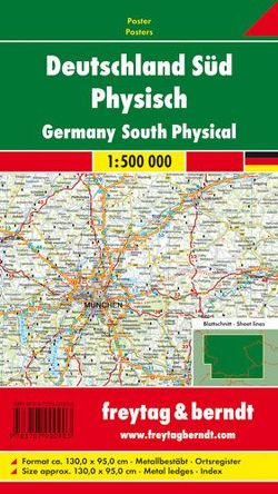 Deutschland Süd physisch, 1:500.000, Poster metallbestäbt von Freytag-Berndt und Artaria KG