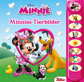 Disney Minnie – Minnies Tierbilder- 8-Button-Soundbuch ab 3 Jahren – interaktives Bilderbuch mit 8 witzigen Geräuschen zu Minnie und Daisys Foto-Abenteuer