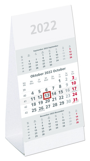 Tischaufstellkalender 3 Monate 2022 – 10,5×21 cm – 3 Monate auf 1 Seite – mit Kopftafel und Datumsschieber – Mehrmonatskalender – 980-0000