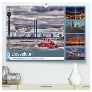 Düsseldorf – Lebendige Perspektiven des Rheinturmes (hochwertiger Premium Wandkalender 2024 DIN A2 quer), Kunstdruck in Hochglanz von Hackstein,  Bettina