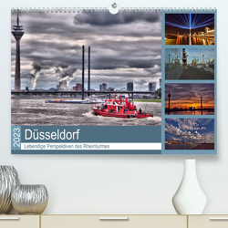 Düsseldorf – Lebendige Perspektiven des Rheinturmes (Premium, hochwertiger DIN A2 Wandkalender 2023, Kunstdruck in Hochglanz) von Hackstein,  Bettina