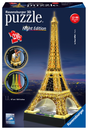 Ravensburger 3D Puzzle Eiffelturm in Paris bei Nacht 12579 – leuchtet im Dunkeln