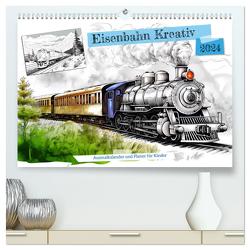 Eisenbahn Kreativ Ausmalkalender und Planer für Kinden (hochwertiger Premium Wandkalender 2024 DIN A2 quer), Kunstdruck in Hochglanz von Frost,  Anja