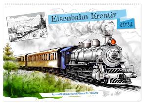 Eisenbahn Kreativ Ausmalkalender und Planer für Kinden (Wandkalender 2024 DIN A2 quer), CALVENDO Monatskalender von Frost,  Anja