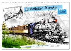Eisenbahn Kreativ Ausmalkalender und Planer für Kinden (Wandkalender 2024 DIN A3 quer), CALVENDO Monatskalender von Frost,  Anja