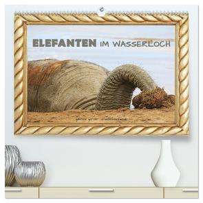Elefanten im Wasserloch (hochwertiger Premium Wandkalender 2024 DIN A2 quer), Kunstdruck in Hochglanz von Gerner,  Gabriele