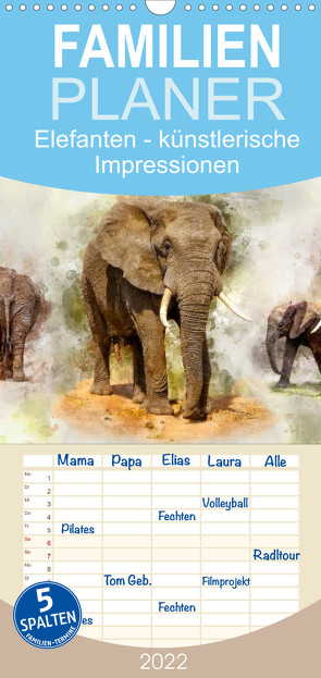 Familienplaner Elefanten – künstlerische Impressionen der größten noch lebenden Landtiere (Wandkalender 2022 , 21 cm x 45 cm, hoch) von Roder,  Peter