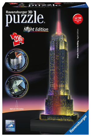 Ravensburger 3D Puzzle Empire State Building bei Nacht 12566 – das berühmte Gebäude in New York – leuchtet im Dunkeln