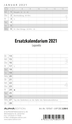 Ersatzkalendarium für Taschenplaner Leporello PVC 2021 – Büro-Kalender – 9,5×16 cm – Alpha Edition