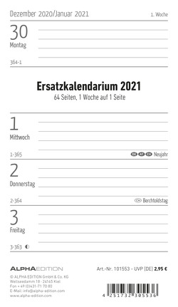 Ersatzkalendarium für Taschenplaner PVC 2021 – Büro-Kalender 9,5×16 cm – 64 Seiten – Alpha Edition