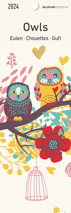 Eulen 2024 – Lesezeichenkalender 5,5×16,5 cm – Owls – Tierkalender – Lesehilfe – Alpha Edition