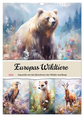 Europas Wildtiere. Aquarelle von den Bewohnern der Wälder und Berge (Wandkalender 2024 DIN A3 hoch), CALVENDO Monatskalender von Hurley,  Rose
