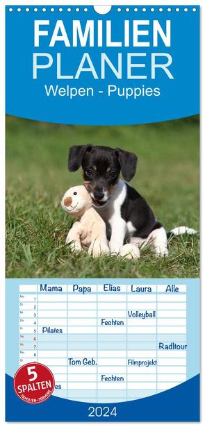 Familienplaner 2024 – Welpen – Puppies mit 5 Spalten (Wandkalender, 21 x 45 cm) CALVENDO von Hutfluss,  Jeanette