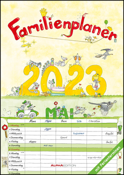 Familienplaner Cartoon 2023 – Familienkalender A3 (29,7×42 cm) – mit 6 Spalten, Ferienterminen (DE/AT/CH) und viel Platz für Notizen – Wandkalender