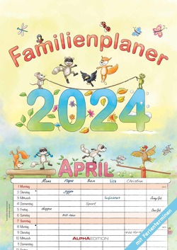 Familienplaner Cartoon 2024 – Familienkalender A3 (29,7×42 cm) – mit 6 Spalten, Ferienterminen (DE/AT/CH) und viel Platz für Notizen – Wandkalender