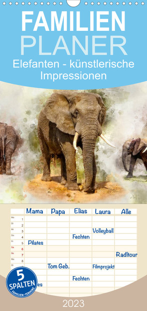 Familienplaner Elefanten – künstlerische Impressionen der größten noch lebenden Landtiere (Wandkalender 2023 , 21 cm x 45 cm, hoch) von Roder,  Peter