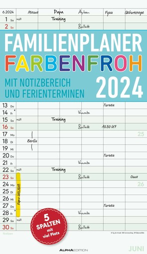 Familienplaner Farbenfroh 2024 mit 5 Spalten – Familienkalender 26×45 cm – Offset-Papier – mit Ferienterminen – Wandkalender – Wandplaner
