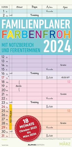 Familienplaner Farbenfroh mit 4 Spalten für 18 Monate 2024 – Familien-Timer 22×45 cm – Offset-Papier – mit Ferienterminen – Wand-Planer – Alpha Edition