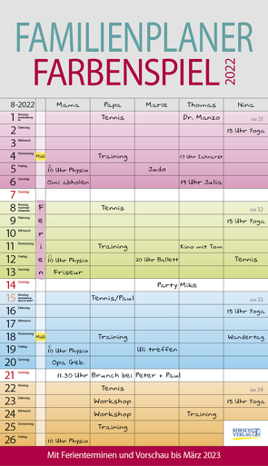 Familienplaner Farbenspiel 2022 von Korsch Verlag