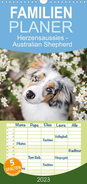 Familienplaner Herzensaussies – Australian Shepherd (Wandkalender 2023 , 21 cm x 45 cm, hoch) von Kudla,  Madlen