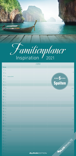 Familienplaner Inspiration 2021 – Familien-Timer 22×45 cm – mit Ferienterminen – 5 Spalten – Wand-Planer – mit vielen Zusatzinformationen – Alpha Edition