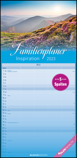 Familienplaner Inspiration 2023 – Familien-Timer 22×45 cm – mit Ferienterminen – 5 Spalten – Wand-Planer – mit vielen Zusatzinformationen – Alpha Edition