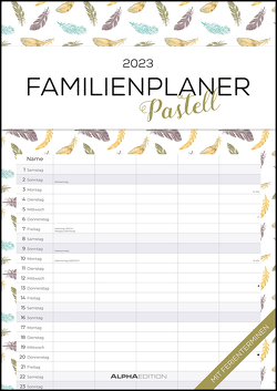 Familienplaner Pastell 2023 – Familienkalender A3 (29,7×42 cm) – mit 5 Spalten, Ferienterminen (DE/AT/CH) und viel Platz für Notizen – Wandkalender