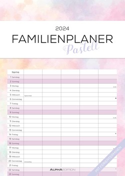 Familienplaner Pastell 2024 – Familienkalender A3 (29,7×42 cm) – mit 5 Spalten, Ferienterminen (DE/AT/CH) und viel Platz für Notizen – Wandkalender