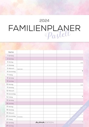 Familienplaner Pastell 2024 – Familienkalender A3 (29,7×42 cm) – mit 5 Spalten, Ferienterminen (DE/AT/CH) und viel Platz für Notizen – Wandkalender