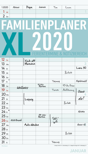 Familienplaner XL 2020 mit 6 Spalten – Offset-Papier – Familienkalender – Familientimer (26 x 45) – mit Ferienterminen – 6 Spalten – Wandplaner von ALPHA EDITION