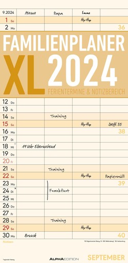 Familienplaner XL 2024 mit 4 Spalten – Familien-Timer 22×45 cm – Offset-Papier – mit Ferienterminen – Wand-Planer – Familienkalender – Alpha Edition