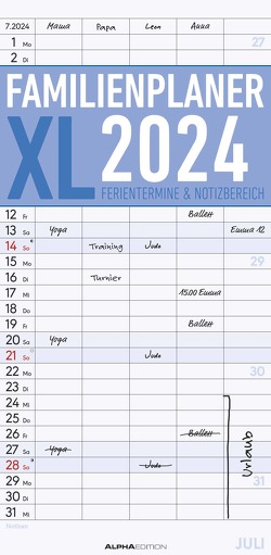 Familienplaner XL 2024 mit 5 Spalten – Familien-Timer 22×45 cm – Offset-Papier – mit Ferienterminen – Wand-Planer – Familienkalender – Alpha Edition