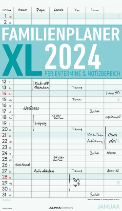 Familienplaner XL 2024 mit 6 Spalten – Familien-Timer 26×45 cm – Offset-Papier – mit Ferienterminen – Wand-Planer – Familienkalender – Alpha Edition