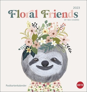 Floral Friends Postkartenkalender 2023. Hochwertiger Tisch-Kalender mit 12 liebevoll illustrierten Postkarten von Tieren mit Blumenkronen. Kleiner Kalender 2023 zum Aufstellen von Charro,  Mia, Heye