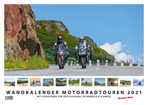 Foto-Wandkalender Motorradtouren 2021 DIN A2 quer mit Feiertagen für Deutschland, Östereich und die Schweiz – Mit Platz für Notizen