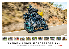 Foto-Wandkalender Motorräder 2023 A3 quer mit Feiertagen für Deutschland, Östereich und die Schweiz – Mit Platz für Notizen