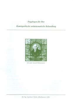 Fragebogen für Ihre Homöopathische antimiasmatische Behandlung von Grätz,  Joachim F