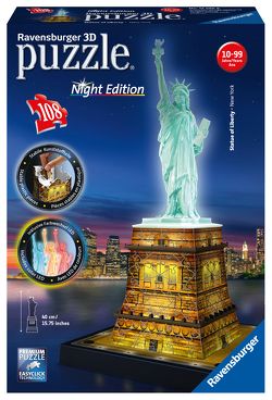 Ravensburger 3D Puzzle Freiheitsstatue bei Nacht 12596 – Das berühmte Bauwerk in New York als Night Edition mit LED