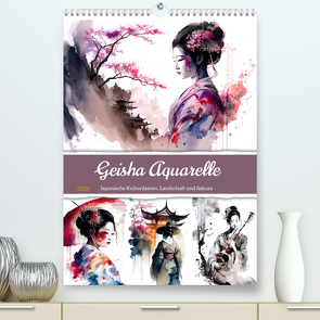 Geisha Aquarelle – Japanische Kulturdamen, Landschaft und Sakura (Premium, hochwertiger DIN A2 Wandkalender 2024, Kunstdruck in Hochglanz) von Frost,  Anja