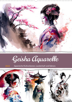 Geisha Aquarelle – Japanische Kulturdamen, Landschaft und Sakura (Wandkalender 2024 DIN A2 hoch), CALVENDO Monatskalender von Frost,  Anja