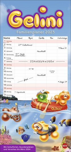 Gelini Familienplaner 2023. Fröhlich-bunter Familienkalender mit knuffigen Gelini-Motiven. Wand-Kalender mit 5 Spalten. Terminkalender für Familien von Heye