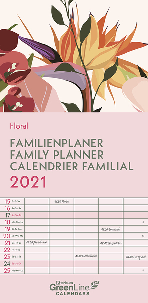 GreenLine Floral 2021 Familienplaner – Familien-Kalender – Kinder-Kalender – 22×45