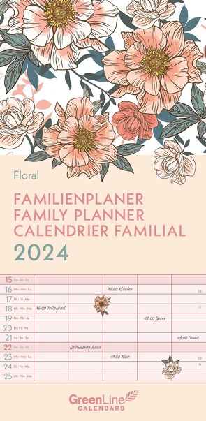 GreenLine Floral 2024 Familienplaner – Familien-Kalender – Kinder-Kalender – 22×45