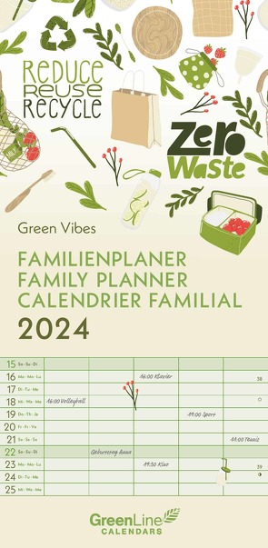 GreenLine Green Vibes 2024 Familienplaner – Familien-Kalender – Kinder-Kalender 22×45