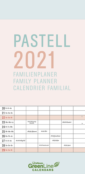 GreenLine Pastell 2021 – Wandkalender – Familien-Kalender – Familienplaner – 22×45