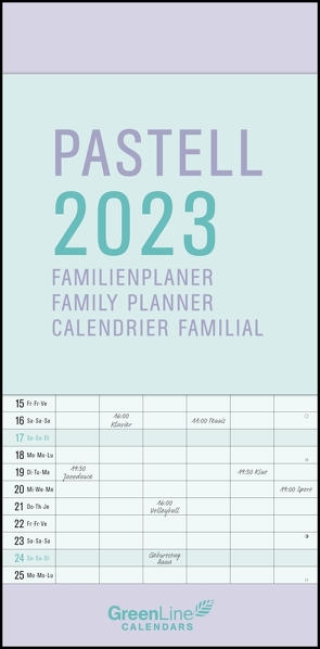 GreenLine Pastell 2023 – Wandkalender – Familien-Kalender – Familienplaner – 22×45