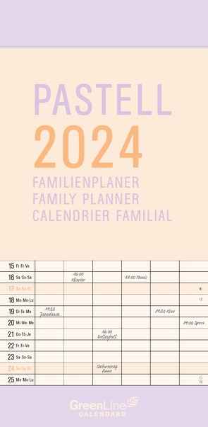 GreenLine Pastell 2024 – Wandkalender – Familien-Kalender – Familienplaner – 22×45