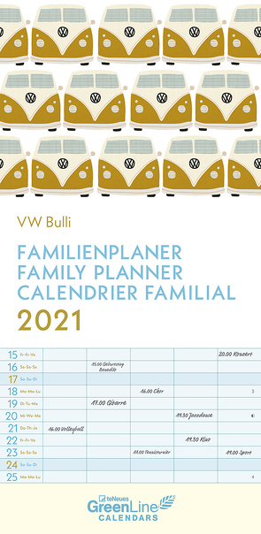GreenLine VW Bulli 2021 – Wandkalender – Familien-Kalender – Familienplaner – 22×45