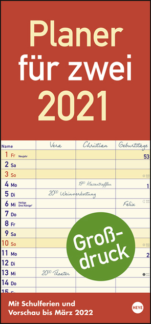 Großdruck Planer für zwei Kalender 2021 von Heye