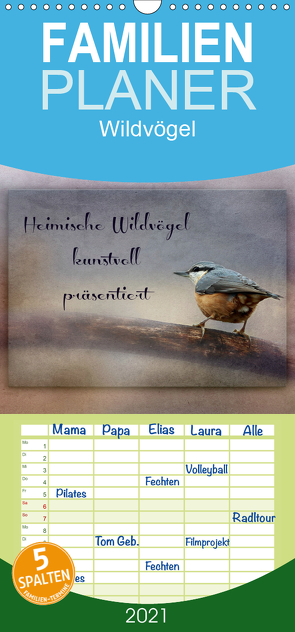 Heimische Wildvögel kunstvoll präsentiert – Familienplaner hoch (Wandkalender 2021 , 21 cm x 45 cm, hoch) von Hultsch,  Heike
